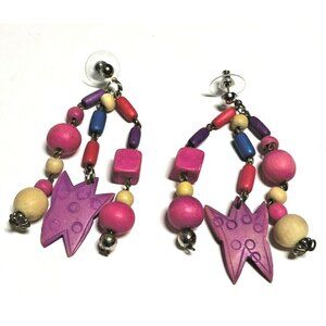 Earrings Drop Dangle 3-Strand Wood Beaded Multicolor Multi-shape Bright Fun Post